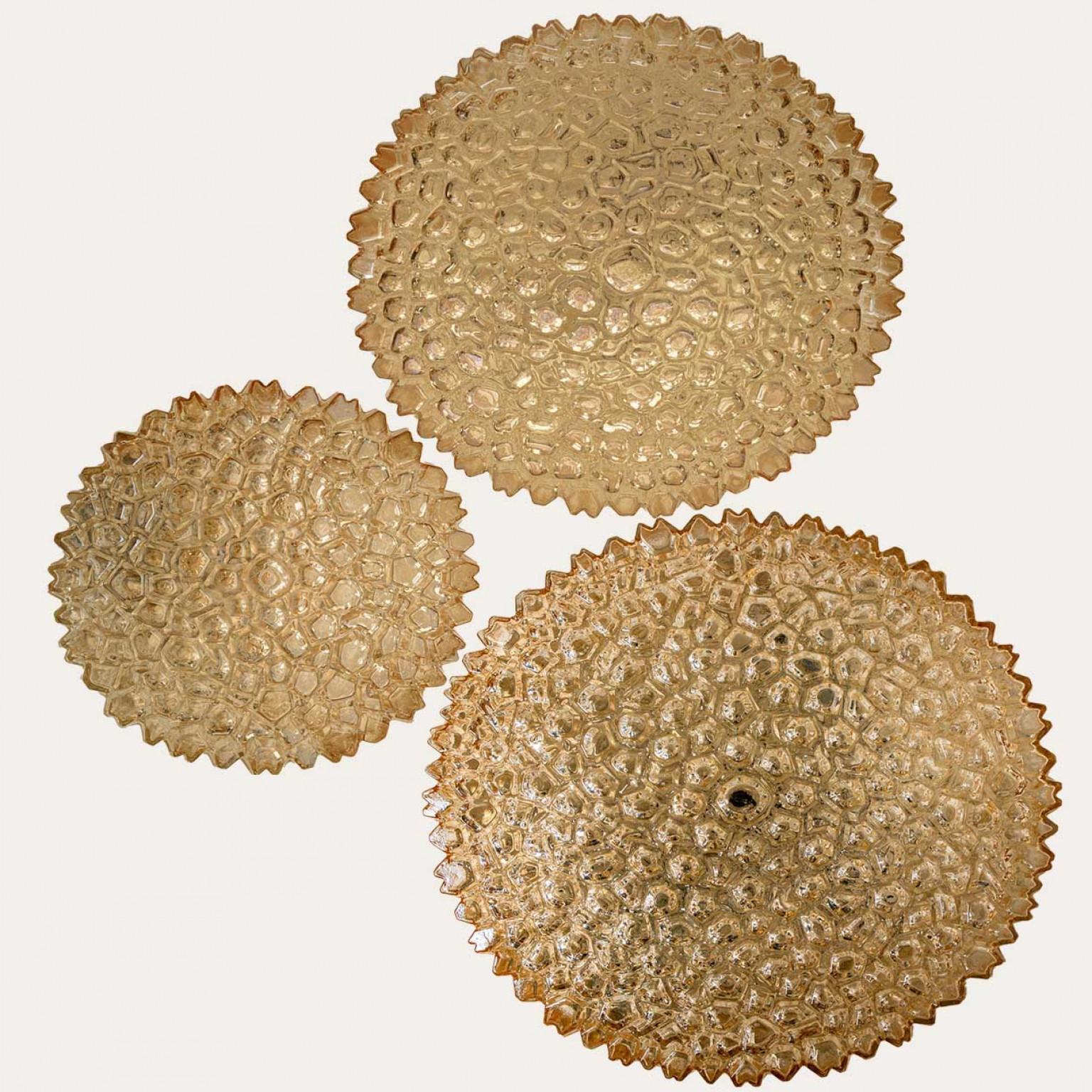 German Several Round Amber Textured Glass Wall Lights Flush Mounts, Limburg, 1970 For Sale