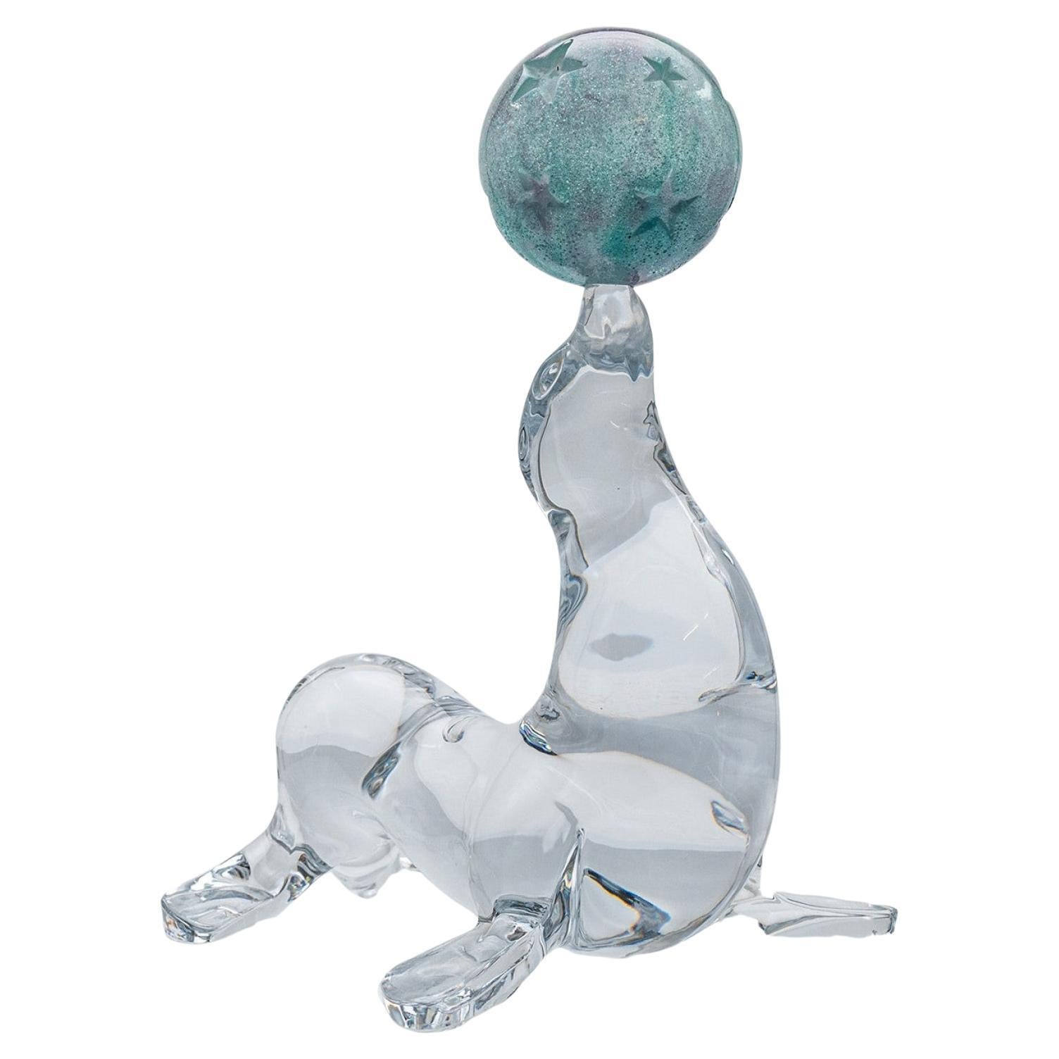 Escultura Daum Art Glass Seal Teal Glass Ball and Clear Glass, Francia