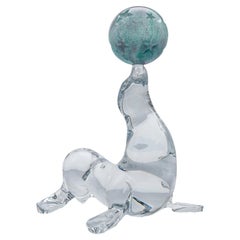 Escultura Daum Art Glass Seal Teal Glass Ball and Clear Glass, Francia