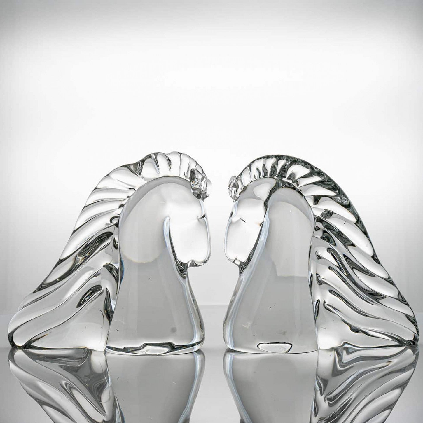 Set of 2 Saint Louis Horse Heads Clear Crystal Glass Sculptures, France