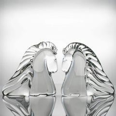Set of 2 Saint Louis Horse Heads Clear Crystal Glass Sculptures, France