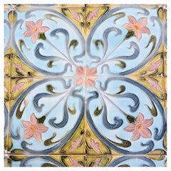 20 juegos de 4 azulejos esmaltados de estilo Art Déco en tonos rosa, azul y amarillo, de Le Glaive, 1930