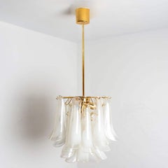 1 of the 2 Murano White Clear Glass and Brass Chandeliers, Italy, 1970s