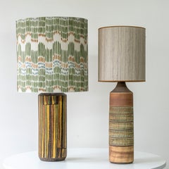 Set di 2 lampade in ceramica multicolore, paralumi in seta su misura di R. Houben