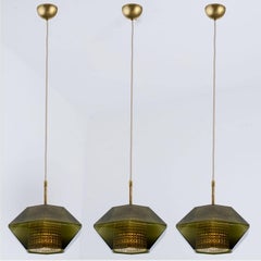1 of the 3 Green Glass Hexagon Pendants by Carl Fagerlund for Orrefors, 1960s