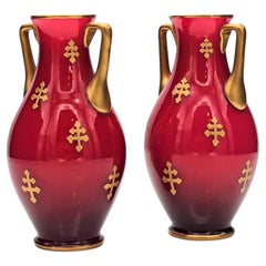 Baccarat, Pair Of Red Baluster Vases, Golden Decor, 1880