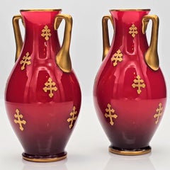 Baccarat, Pair Of Red Baluster Vases, Golden Decor, 1880