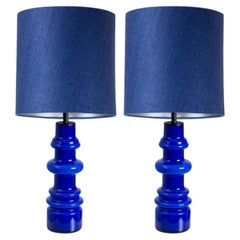 1 of the 2 Holmegaard Indigo Ceramic Lamps, Custom Blue Lampshades by R. Houben