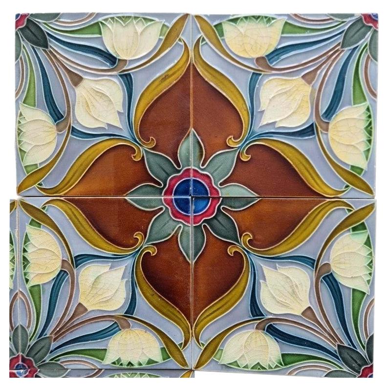1 of the 20 Sets of 4 tiles Blue Brown Flower Glazed Tiles, Gilliot Hemiksem