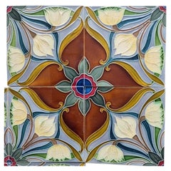 1 of the 20 Sets of 4 tiles Blue Brown Flower Glazed Tiles, Gilliot Hemiksem