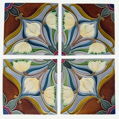 1 of the 20 Sets of 4 tiles Blue Brown Flower Glazed Tiles, Gilliot Hemiksem