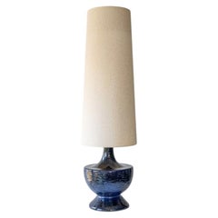 Blue Glazed Bulbous Ceramic Lamp, Custom Beige Tapered Lampshade by R. Houben