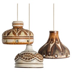 1 of the 3 Stunning Ceramic Brown Beige Pendants, Denmark 1960s