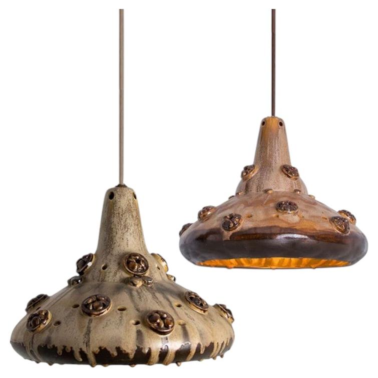 Pair of Ceramic Brown Tapered Cone Pendants, Denmark 1960