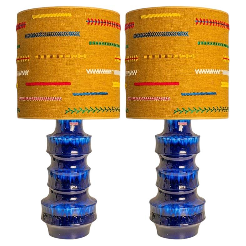 1 of the 2 Blue Scheurig Ceramic Lamps with Custom Lampshade by René Houben For Sale