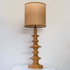 1 of the 2 Stacked Rattan Totem Taper Lamp, Custom Rattan Lampshade by R. Houben