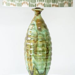 Green Ceramic Curved Lamp, Custom Made Green Orange White Lampshade by R. Houben