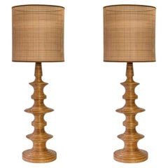 1 of the 2 Stacked Rattan Totem Taper Lamp, Custom Rattan Lampshade by R. Houben