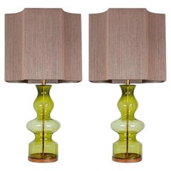 1 of the 2 Extra Large Green Glass Shaped Table Lamps with Rattan Lampshades