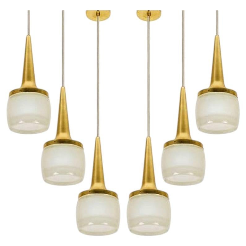 Several Brass Glass Cascade Fixtures by Staff with Beige Cord, 1960