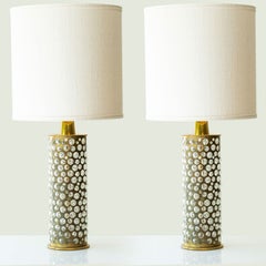 Pair of Brass Glass Table Lamps R. Rooke, Lampshade by R. Houben, 1970