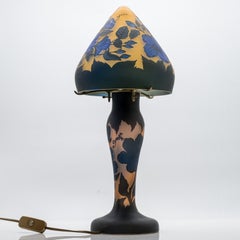 Gallé Stil Tischlampe Pilz Hibiskus Gelb Blau, Frankreich