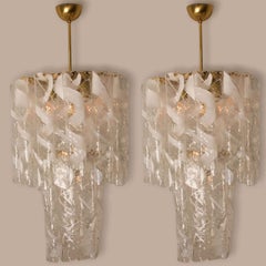 Pair of Huge Brass White Spiral Murano Glass "Torciglione" Chandeliers, 1960