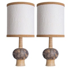 1 of the 2 Axella Ceramic Beige Brown Lamps, Custom Shade by R. Houben