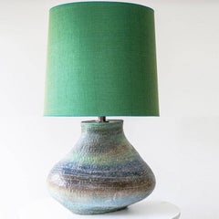 XL Multicolor Squat Bulbous Ceramic Lamp, Green Custom Lampshade by R. Houben