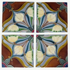 1 of the 20 Sets of 4 tiles Blue Brown Flower Glazed Tiles, Gilliot Hemiksem