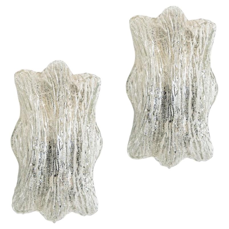 Pair of Sculptural Ice Glass and Chrome Wall Sconces by Doria, 1970 For Sale