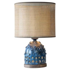 Lampe de table en céramique bleue et Wood Wood, abat-jour double en rotin personnalisé par R. Houben