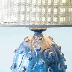 Lampe de table en céramique bleue et Wood Wood, abat-jour double en rotin personnalisé par R. Houben
