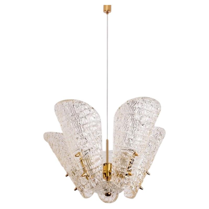 Beautiful 5 Leafs of Ice Glass and Brass Chandelier by Kalmar, 1960