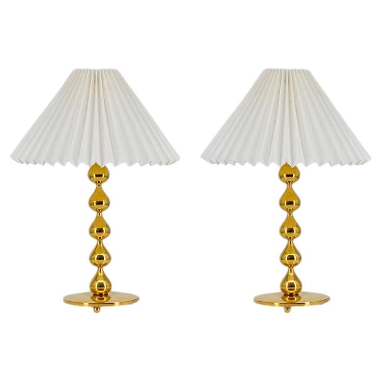 Pair of Asmussen 24 carat Gold plated Drops Table Lamps with Pleated Lampshade For Sale