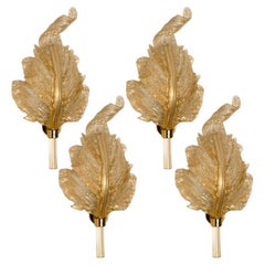 1 of the 4 Wall Sconces Barovier & Toso Glass and Brass Leafs, Italy 1970