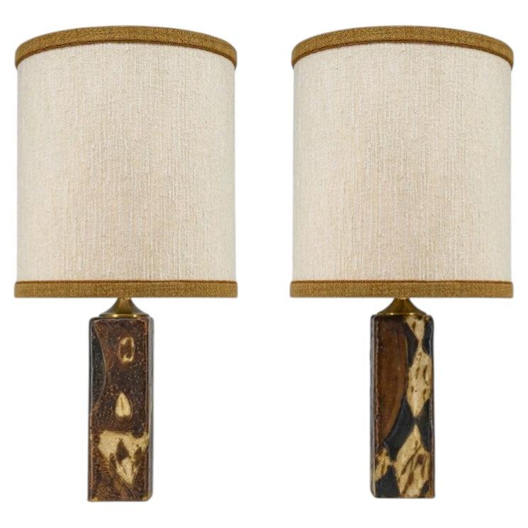 1 of the 2 Ceramic Lamps by Trille Jørgense, Custom Lampshade by R. Houben For Sale