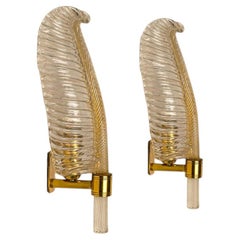 1 of the 4 Wall Sconces Barovier & Toso Glass and Brass Leaves, Italy 1970