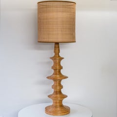 1 of the 2 Stacked Rattan Totem Taper Lamp, Custom Rattan Lampshade by R. Houben
