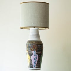 XL Multi Color Ceramic FLoor Table Lamp, Silk Lampshade by R. Houben