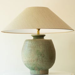 Large Pistachio Green Ceramic Table Lamp, Silk Lampshade by R. Houben