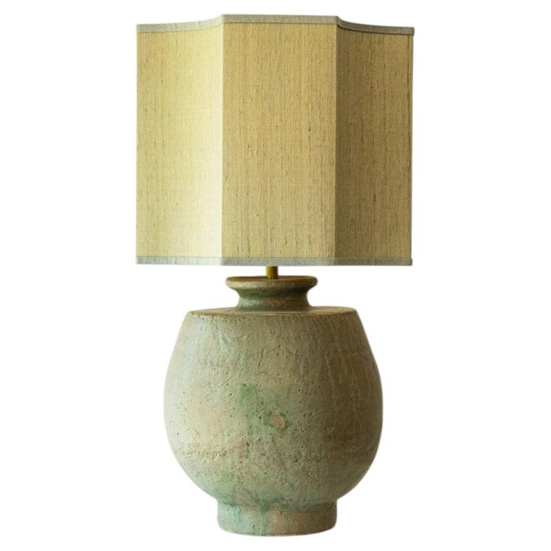 Large Pistachio Green Ceramic Table Lamp, Silk Lampshade by R. Houben For Sale