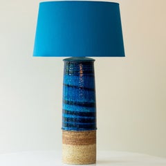 Bitossi Style Aqua and Sand Ceramic Table Lamp, Blue Silk Lampshade by R. Houben