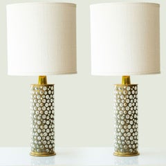 Pair of Brass Glass Table Lamps R. Rooke, Lampshade by R. Houben, 1970
