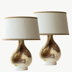 Pair of Organic Shaped Ceramic Table Lamps, Ecru Lampshade by R. Houben, 1960