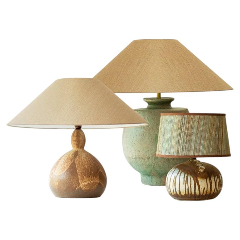 1 of the 3 Green Brown Ceramic Table Lamps, Custom Silk Lamp Shades by R. Houben For Sale
