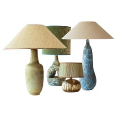 1 of the 4 Blue Green Ceramic Floor Table Lamps, Custom Silk Shades by R. Houben