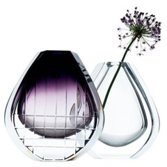 Baccarat Signed, Set of 2 Clear and Amethist Crystal Vases, France, 1980