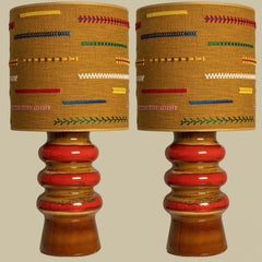 Pair of Brown and Red Ceramic Table Lamp with Custom Lampshade by René Houben