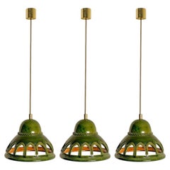 1 of the 3 Round Green Glazed Ceramic Pendant Lights, Germany, 1970s